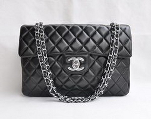 7A Replica Chanel Maxi Black Lambskin Leather with Silver Hardware Flap Bag